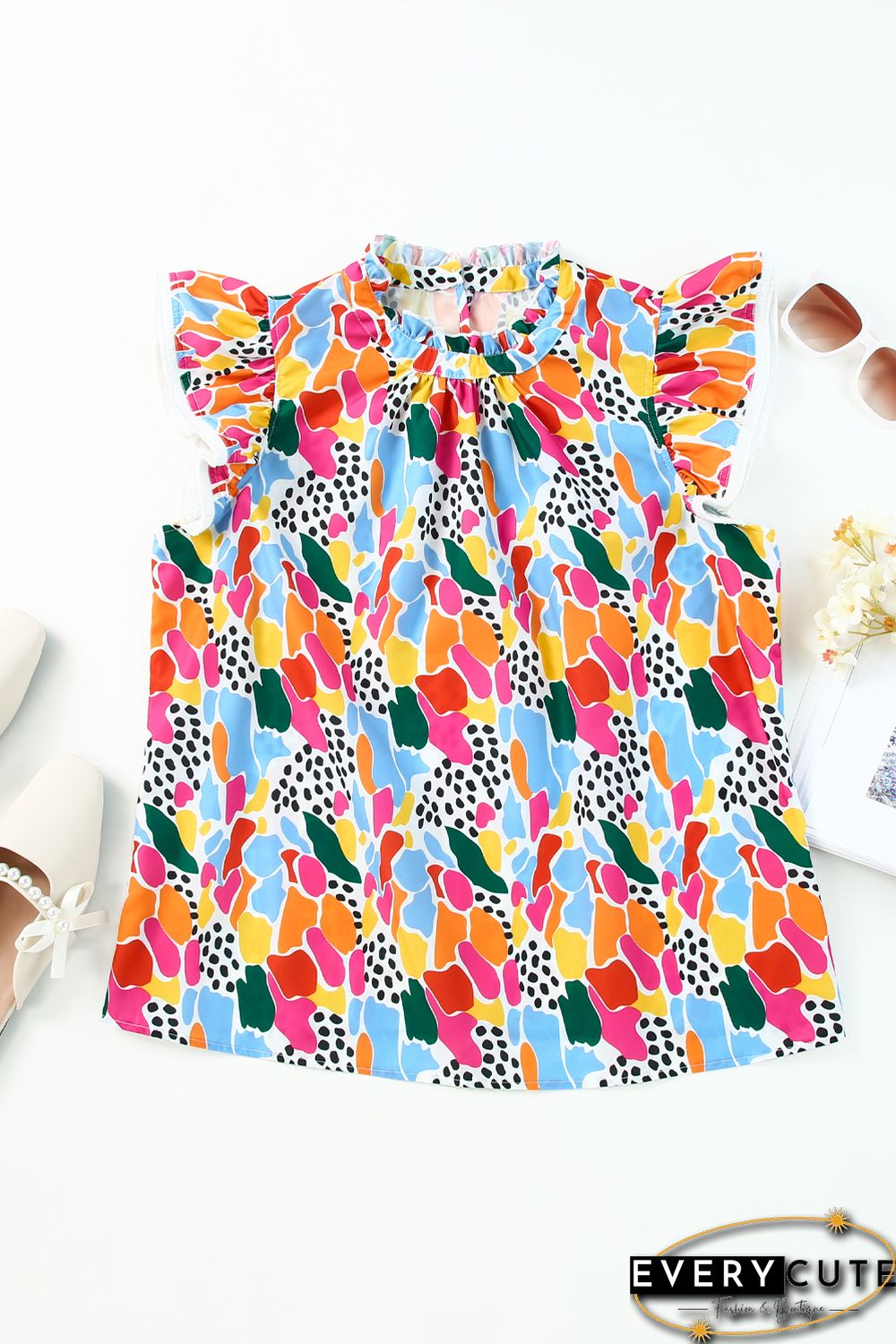 Multicolor Abstract Print High Neck Flutter Sleeves Top