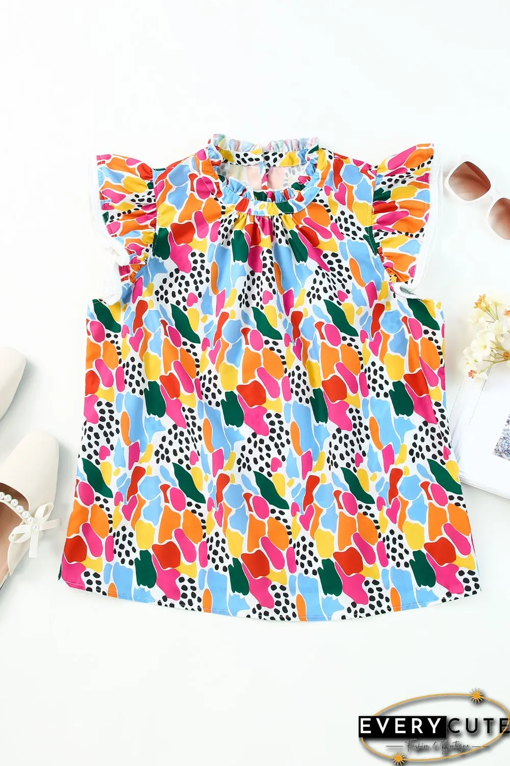 Multicolor Abstract Print High Neck Flutter Sleeves Top