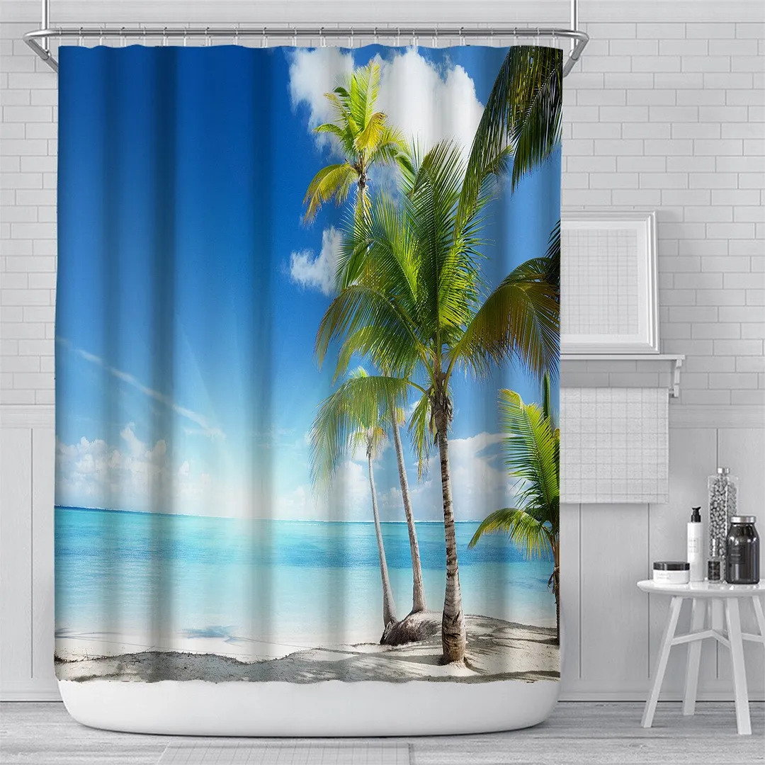 3D Seascape Beach Printed Fabric Shower Curtains Bathroom Curtain Bath Screen Waterproof Products Home Decor with Hooks