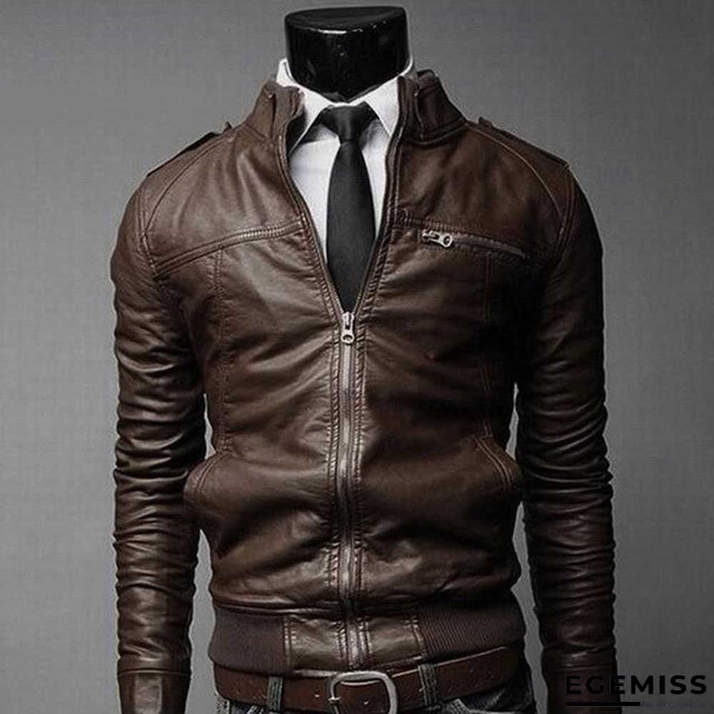 Fashion Men Vintage Motorcycle PU Leather Coats Stand Collar Long Sleeve Outwear Zipper Fitness Cool Jacket | EGEMISS