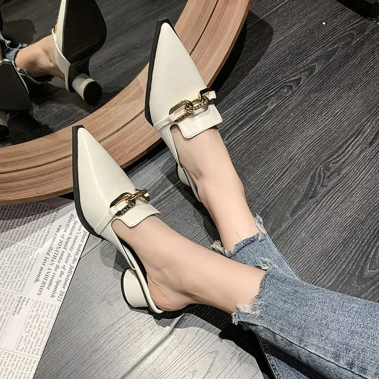 Churchf Churchf Cool Slippers Female Summer New French Chain Fashion With A Thick Heel Head Half Slippers High Heel Muller Shoes