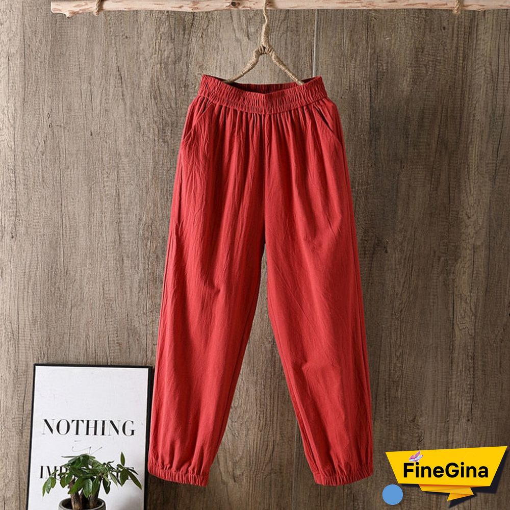 Casual Style Cotton Linen Pants Women Spring Summer New Elastic Waist Solid Basic Retro Loose Women's Harem Pants Trousers