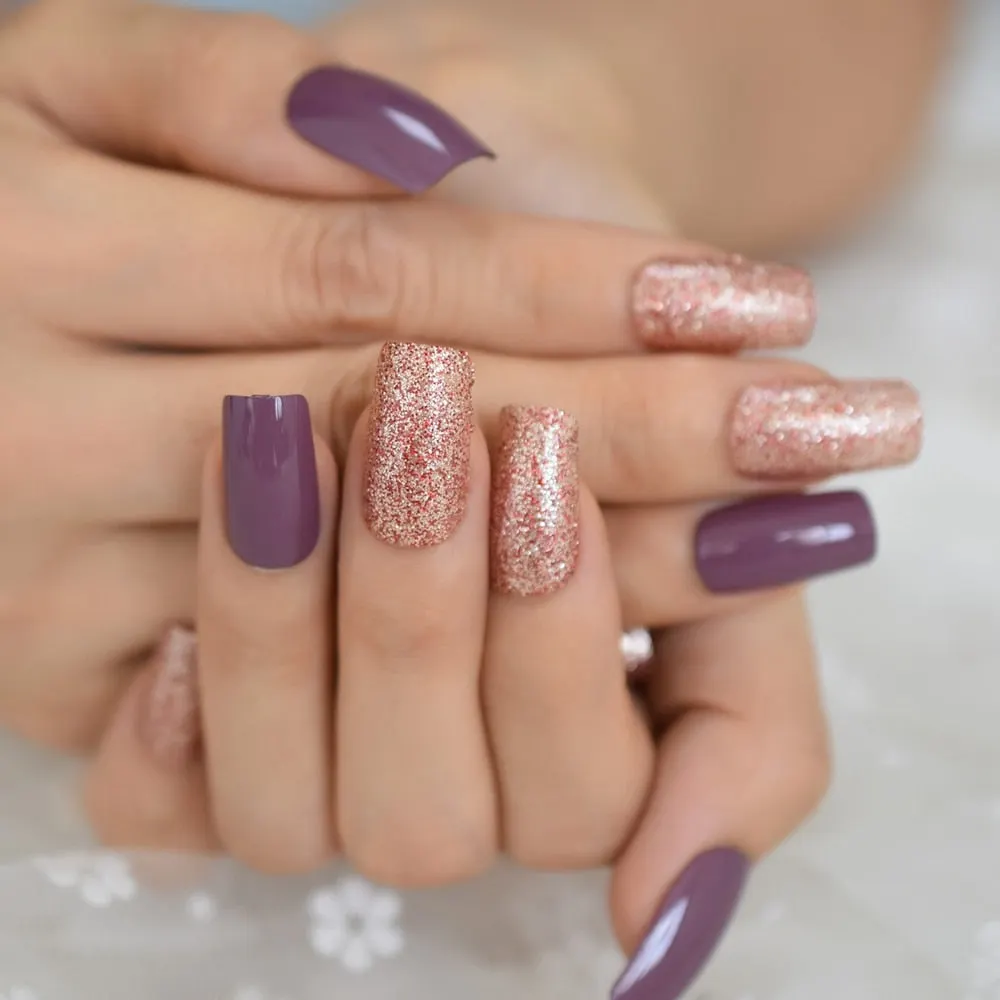 Taro Purple Square Fake Nails Mix Red Champagne Glitter Medium Press On Nails UV Shiny Nail Art Tips Including Glue Tabs-Nail Inspo
