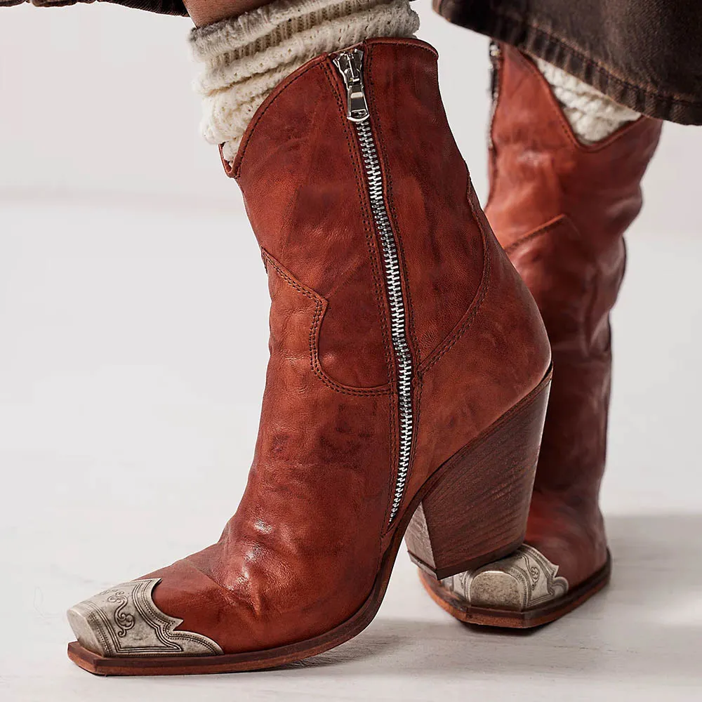 Brown Metallic Accent Snip Toe Chunky Heeled Ankle Boots with Zipper