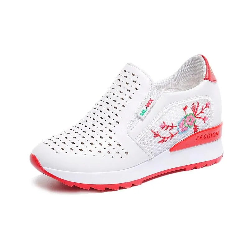 New Women Wedge Ventilation Platform Sneakers PU Leather Shoes Pointed Toe Height Increasing Creepers Zapato Tenis De Mujer