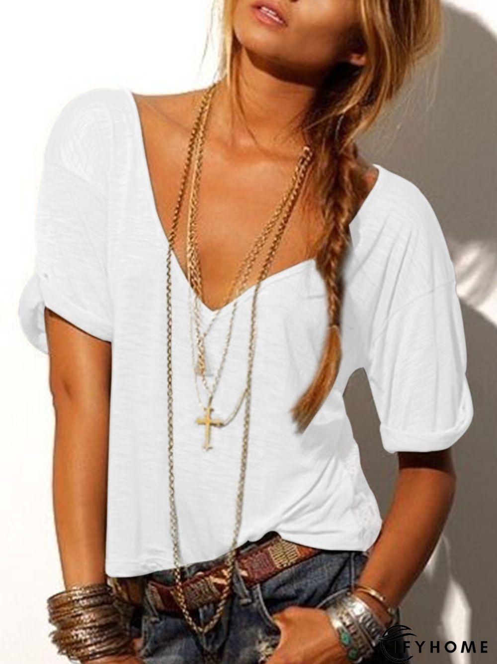 Casual Solid V Neck Top | IFYHOME