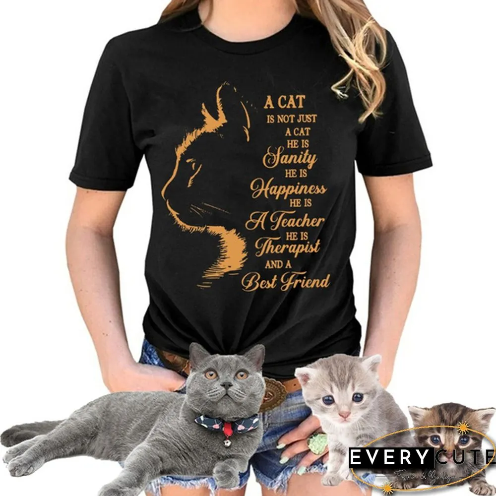 Women and Girls Cat&Letter Print Short Sleeve T-shirt Summer Short Sleeves Womens Solid Color Tees Tops Graphic Cute Cat Shirts Gifts for Cat Lovers