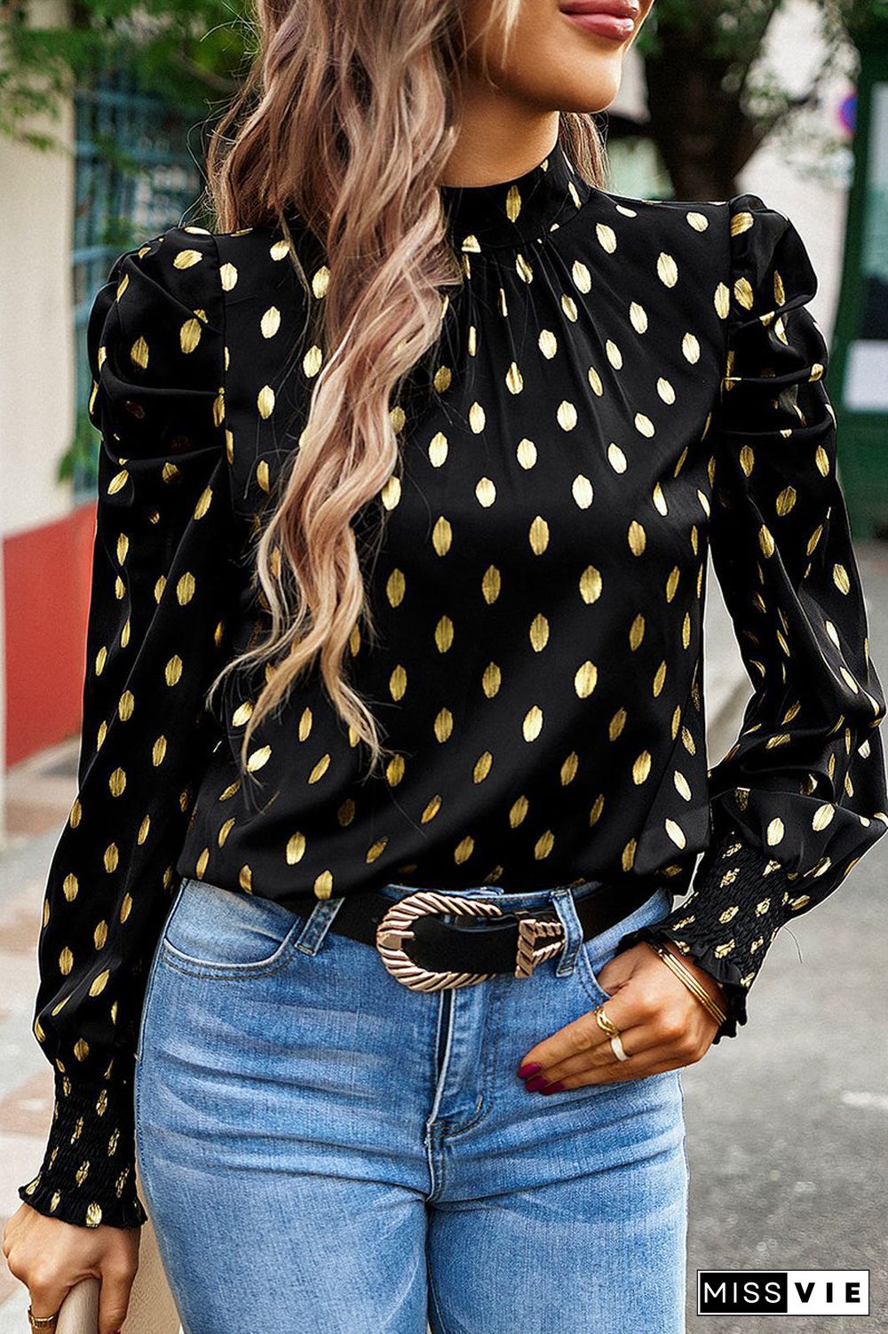 Elegant Polka Dot Fold Half A Turtleneck Tops