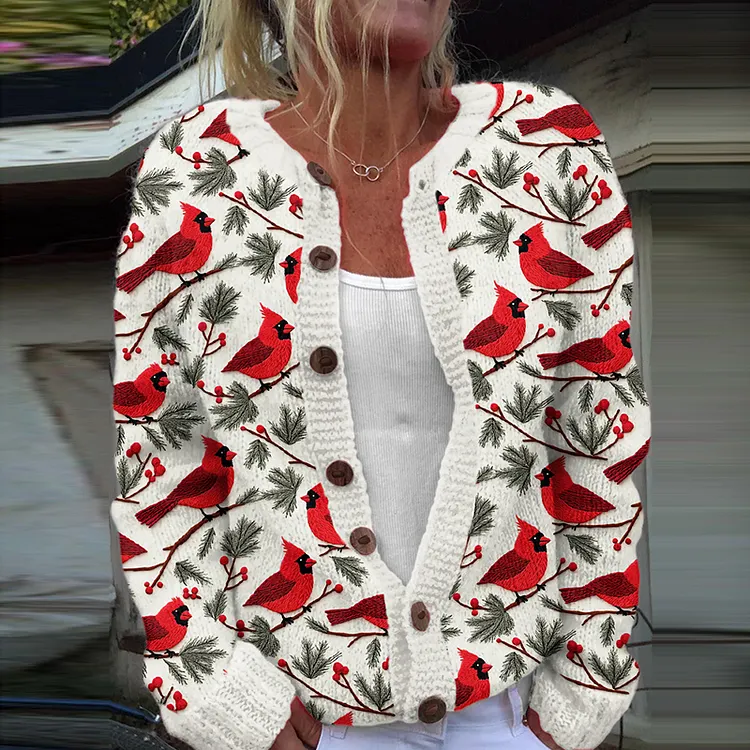 Winter Cardinal Art Embroidery Knitting Cozy Cardigan