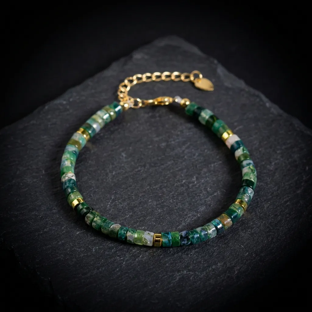 Natural Aquatic Agate Essence Bracelet | 4mm Dainty Gemstones Radiant 18K Gold Finish
