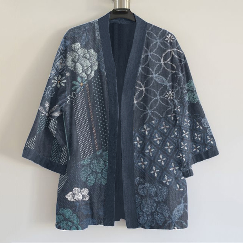 Japanese Traditional Sashiko Floral Art Pattern Art Print Linen Blend Kimono Cardigan artswardrobe