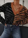 Fashion Color-Block Zebra Print V-Neck Loose Sweater