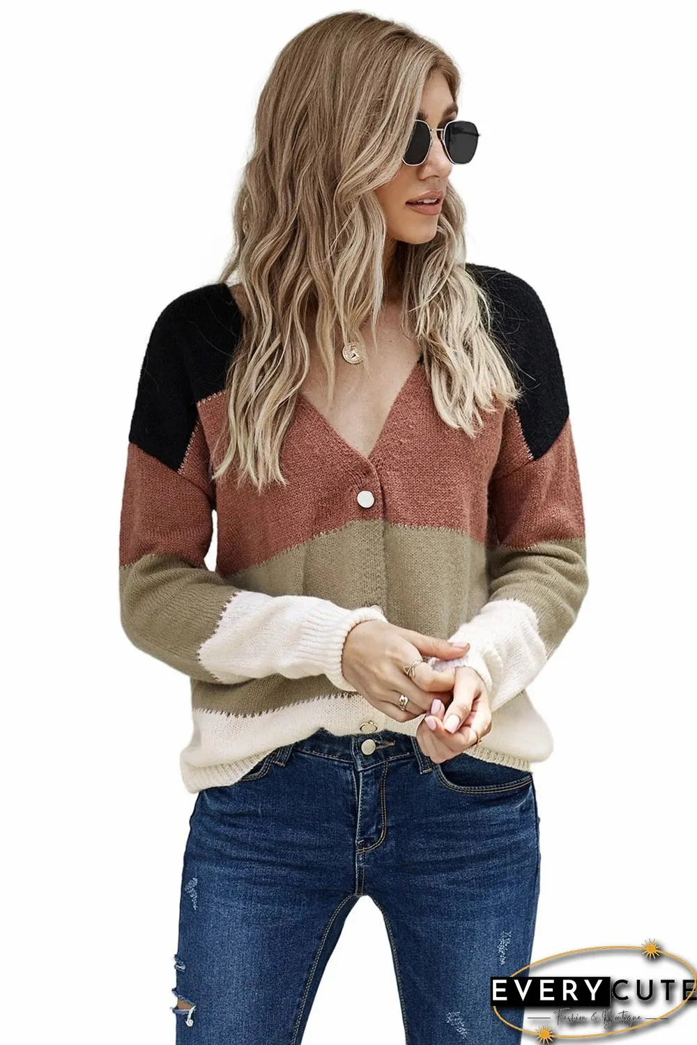 Multicolor V Neck Buttoned Closure Colorblock Sweater Cardigan