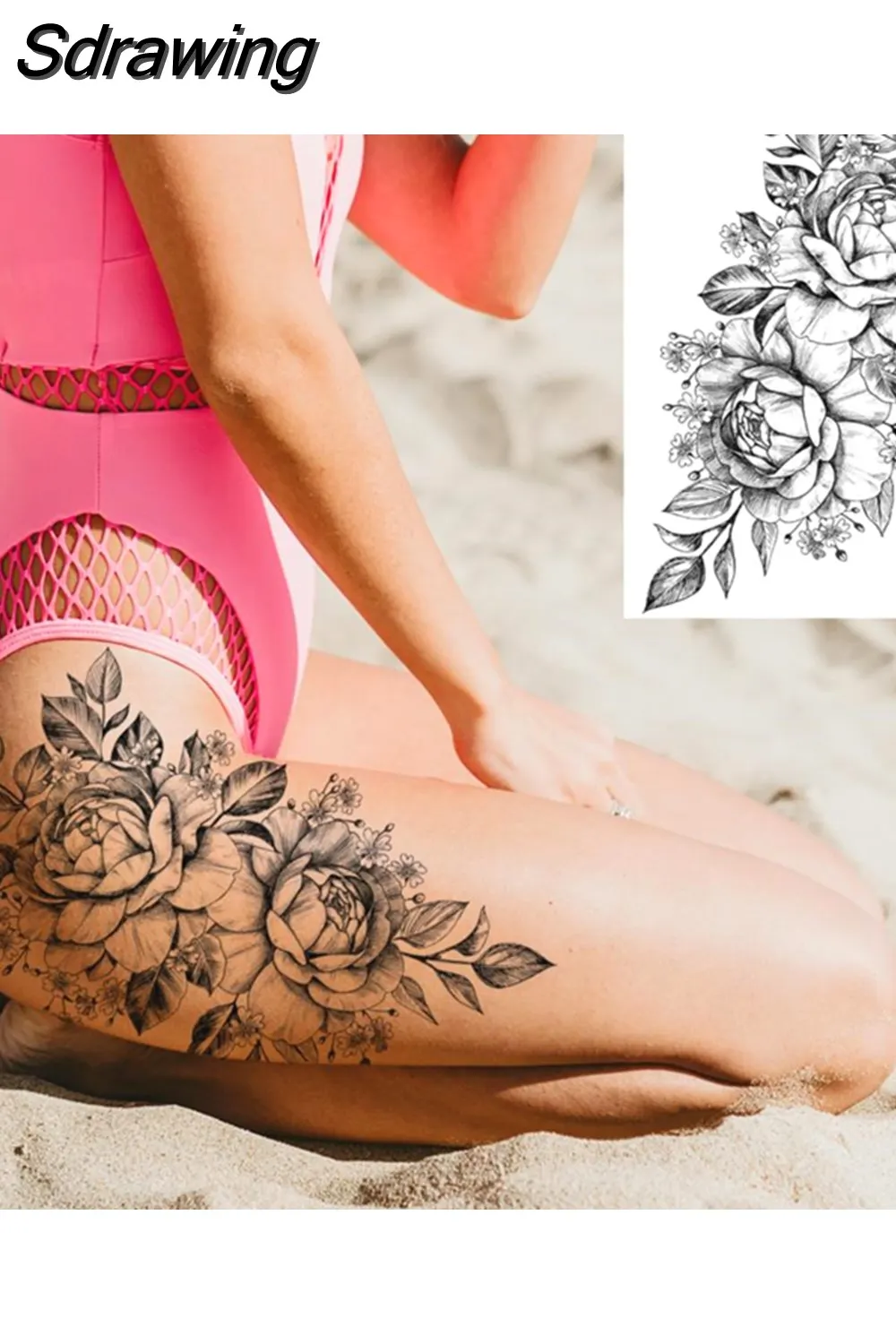 Sdrawing Peony Flower Temporary Tattoos For Women Adults Realistic Compass Moon Pendant Fake Tattoo Sticker Arm Body Tatoos 507-1