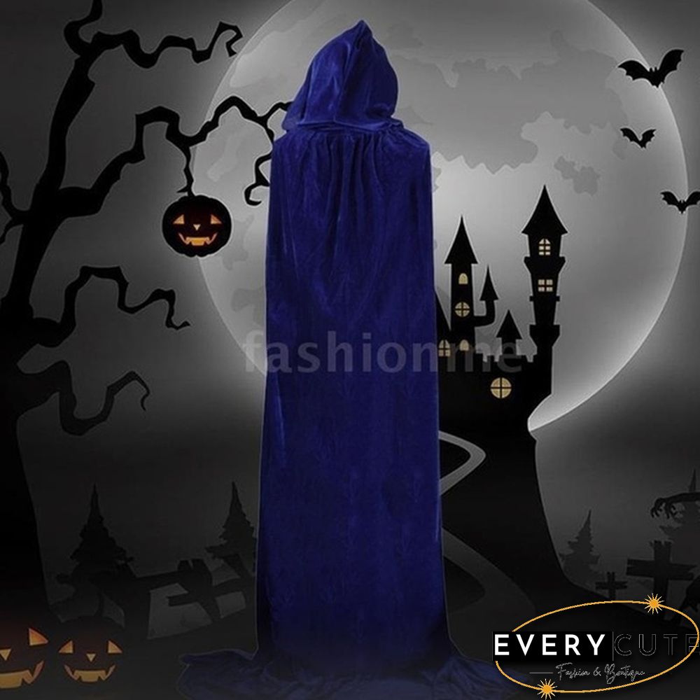 Adult Hooded Cloak Long Velvet Cape Robe Green Black Red Halloween Carnival Purim Coats Medieval Witch Wicca Vampire Costume