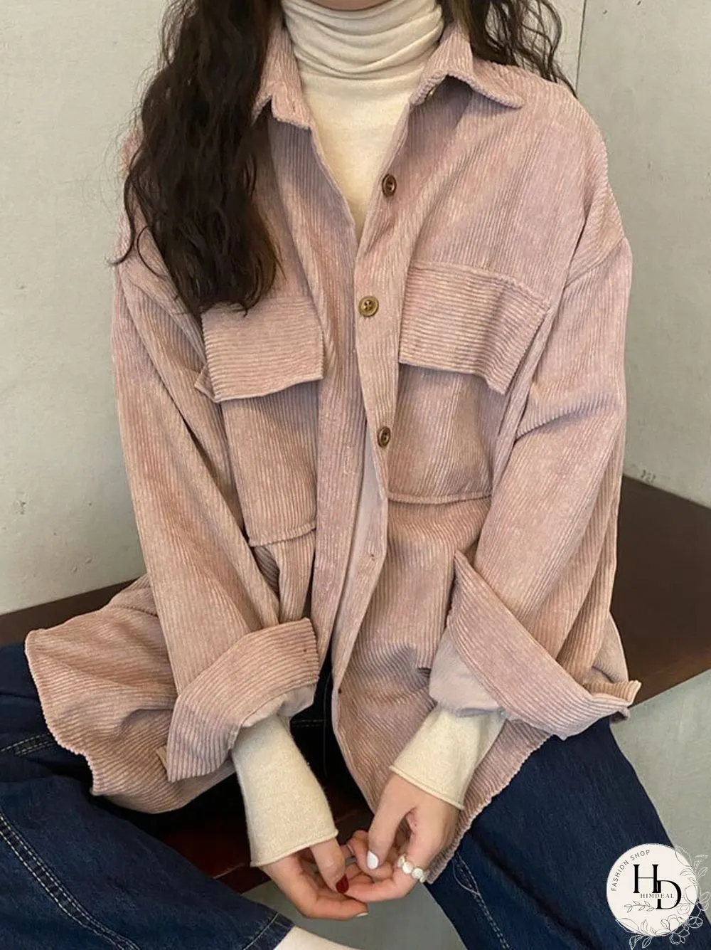Corduroy Solid Pocket Button Long Sleeve Loose Lapel Jacket