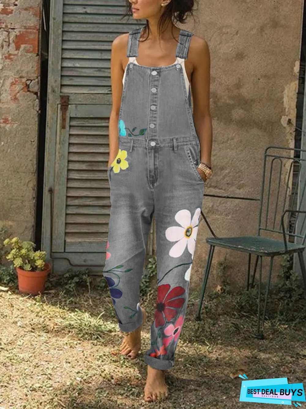Sleeveless Denim Floral Floral-Print One-Pieces