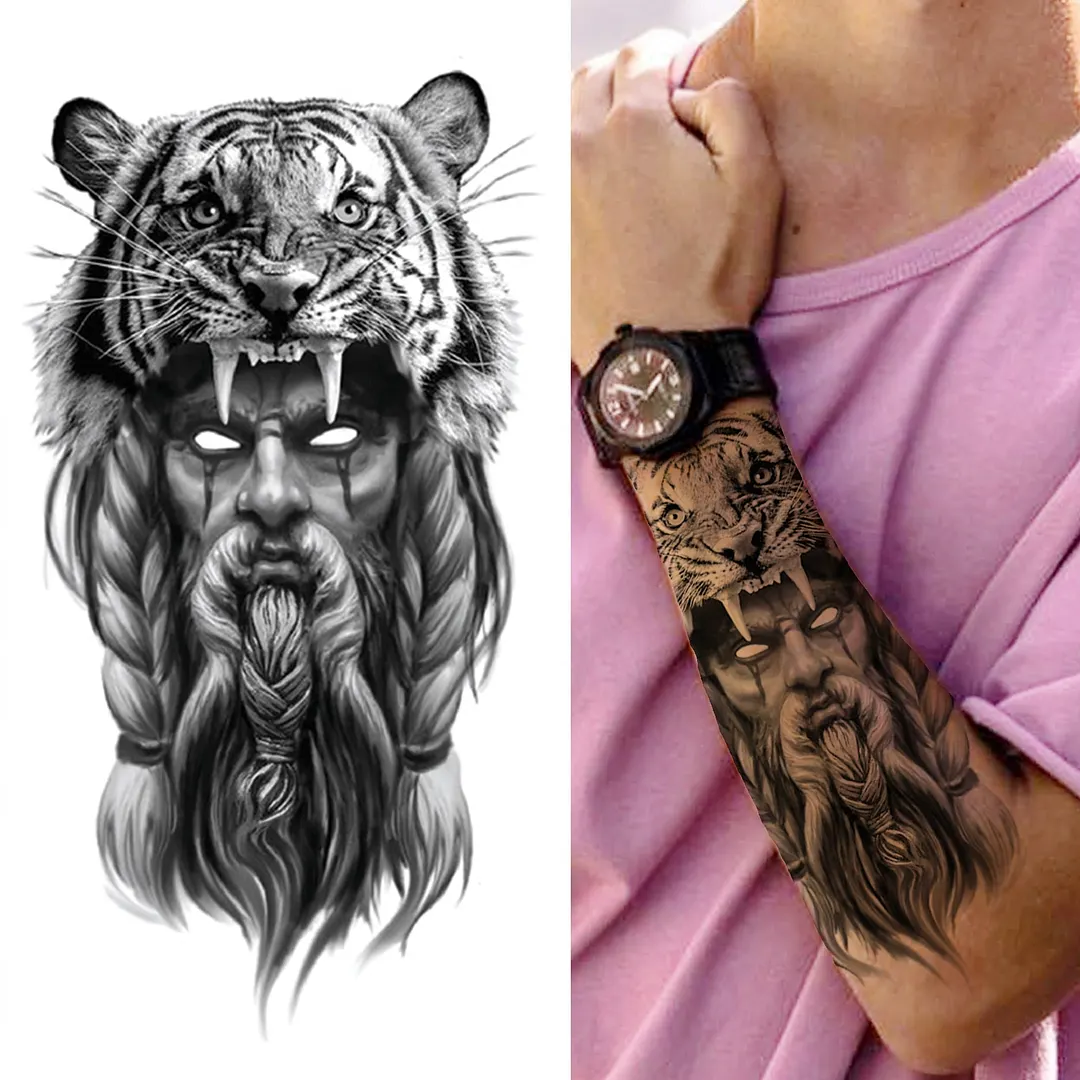 Cross Lion Temporary Tattoo For Women Men Adult Skull Tiger Wolf Forest Tattoo Sticker Black Fake Realistic Demon Tatoos Forearm 530