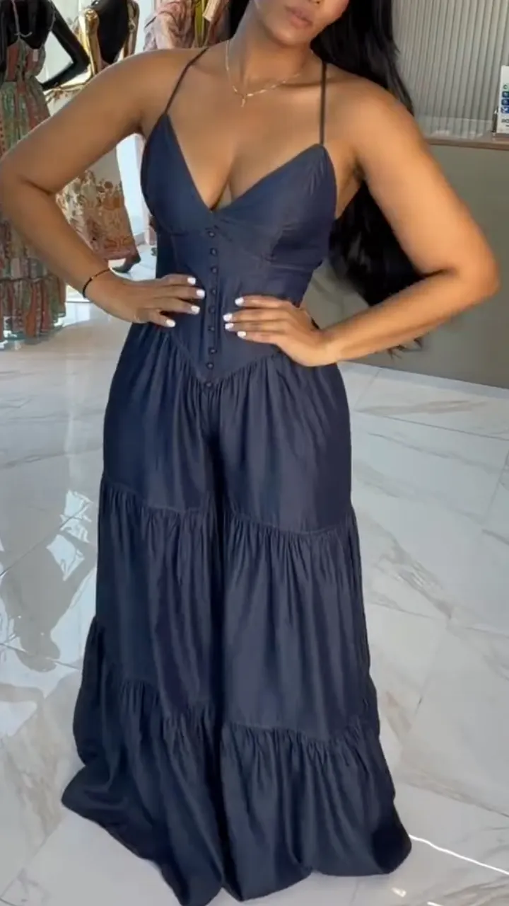  Denim Spaghetti Strap Button Down Tiered Wide Leg Jumpsuit