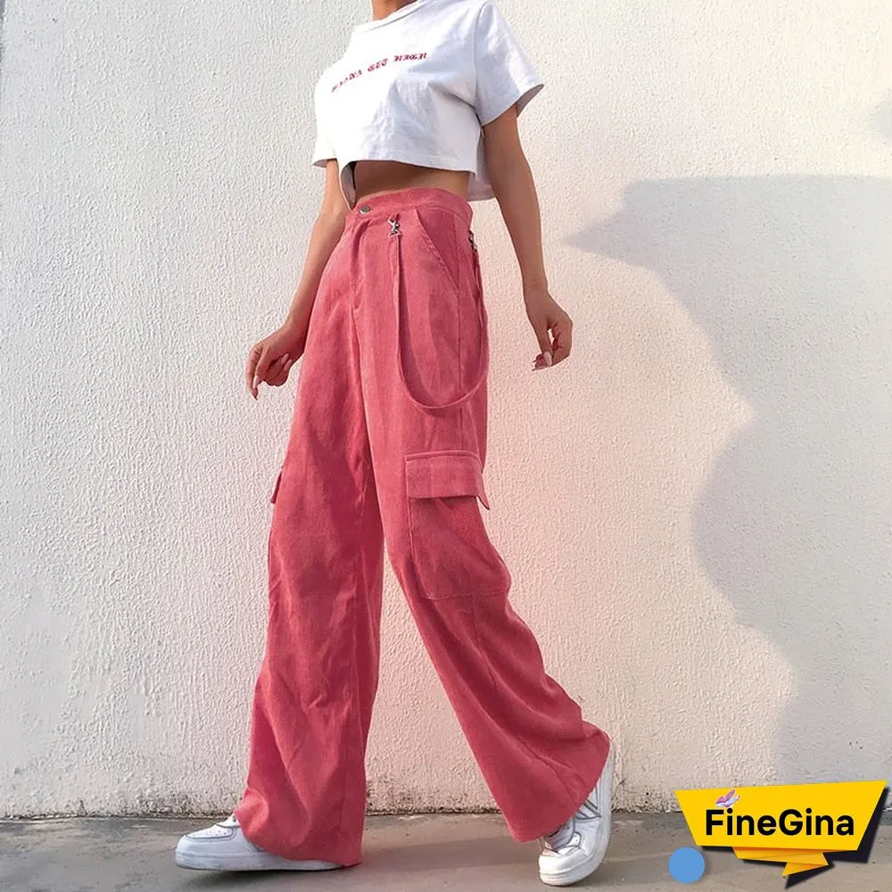Weekeep Women Casual Pockets Patchwork Cargo Pants High Waist Straight Trousers Women Pants