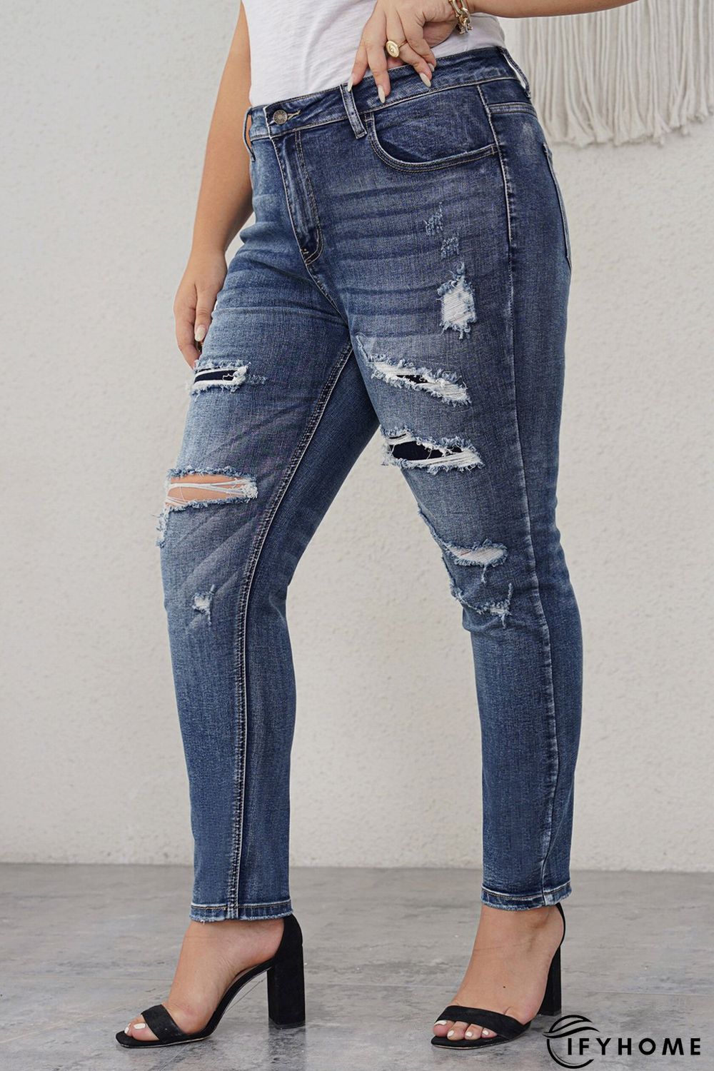 Blue Distressed High Waist Plus Size Jeans | IFYHOME