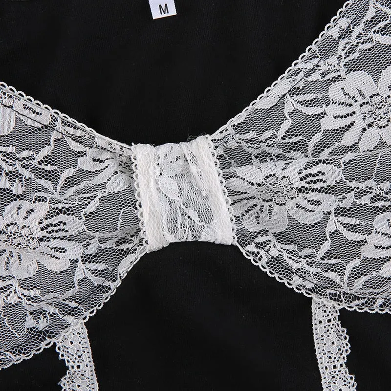 Rapcopter y2k Lace Crop Top Backless Tie Up Kawaii T Shirt Full Sleeve V Neck Bow Patched Pullovers Retro Fairycore Women Tees
