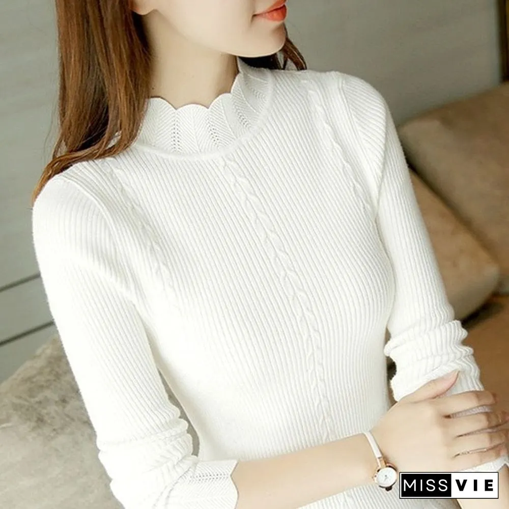 Women's Sweater Autumn New Knitted Long Sleeve Pullovers Korean Half High Collar Lotus Sleeve Fashion Women's Jumper