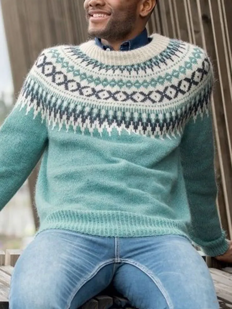 Men'S Vintage Knitted Jacquard Crew Neck Sweater