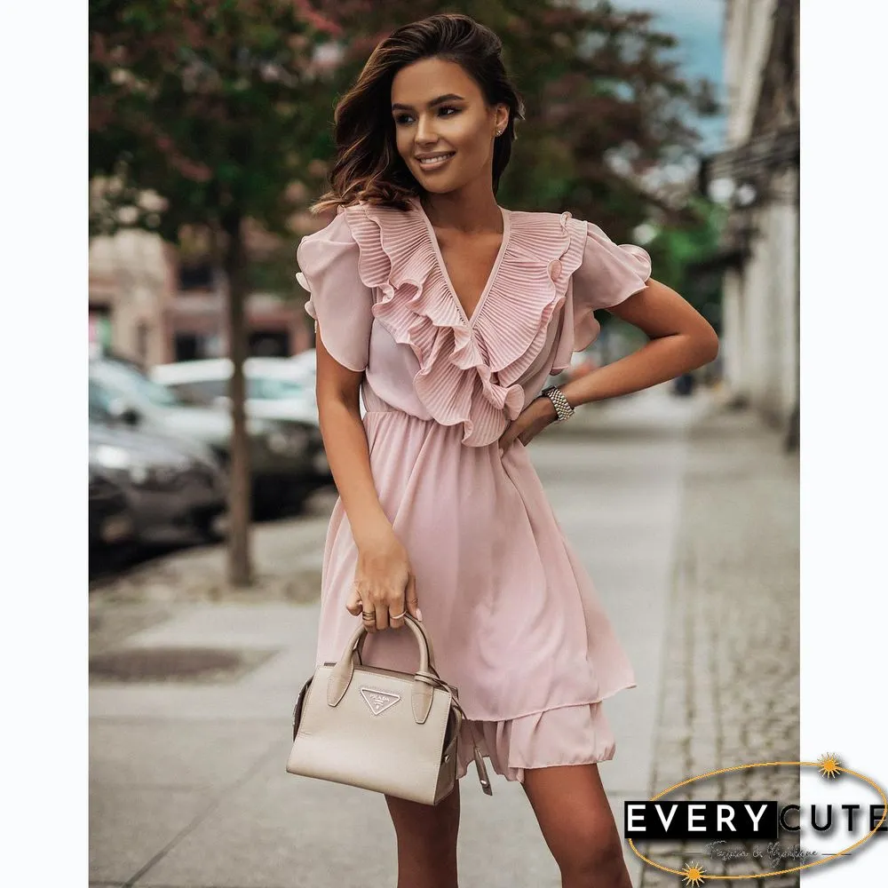 Elegant Fashion Ruffle Short Sleeve Dress For Women Summer Dresses New Chic V-Neck Solid Slim High Waist Mini Dress