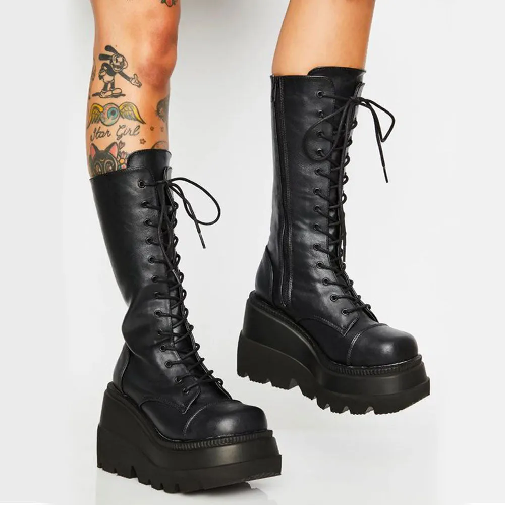 Brand New Big Size 43 Shoelaces Wedge High Heels Platform Tide Trendy Cool Autumn Winter Mid-Calf Boots Shoes Women Footwear