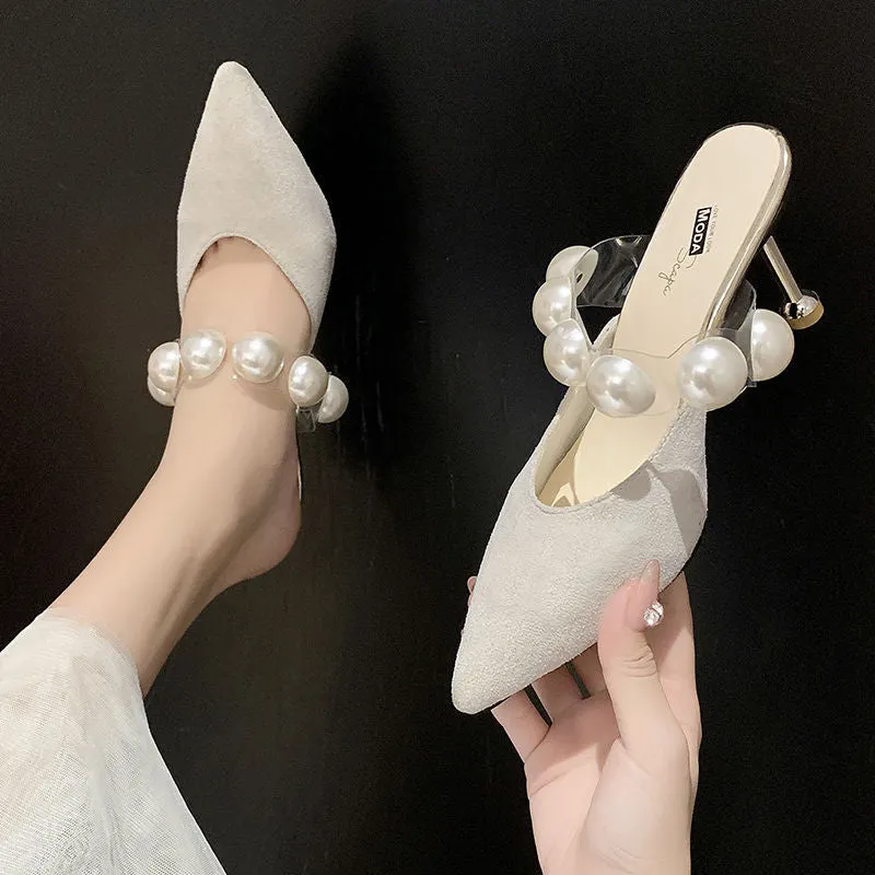 2022 Women Shoe Designer Pearl Strap Fairy Style Sandals Pointed Luxury 8cm Thin High Heels Pumps