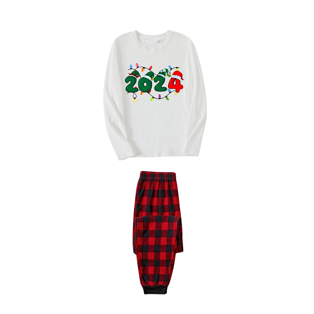 "2024" Text and Christmas Light Printed Red & Black Plaid Family Matching Pajamas