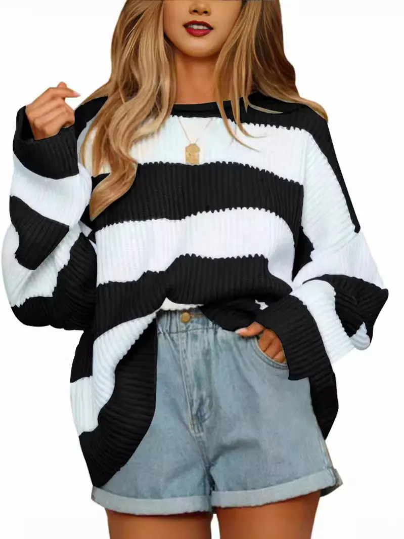 Churchf Churchf Temperament Round Collar Long Sleeve Sweater Women's Autumn And Winter New Stripe Loose Casual Sweater Jacket Female