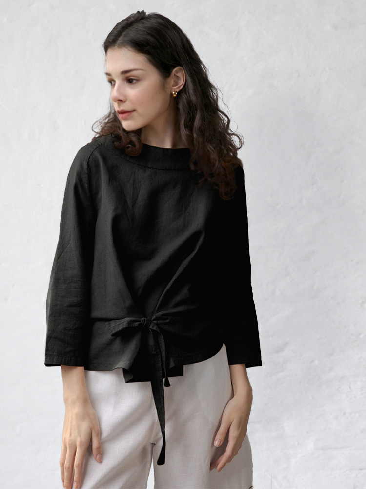 Tied Turndown Collar Linen Top