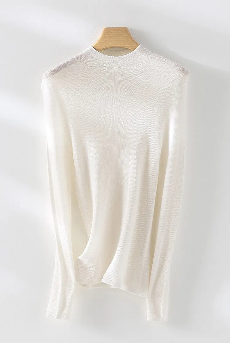 Machine Washable Wool Knit Sweater Women's Long Sleeve Mock Neck Top