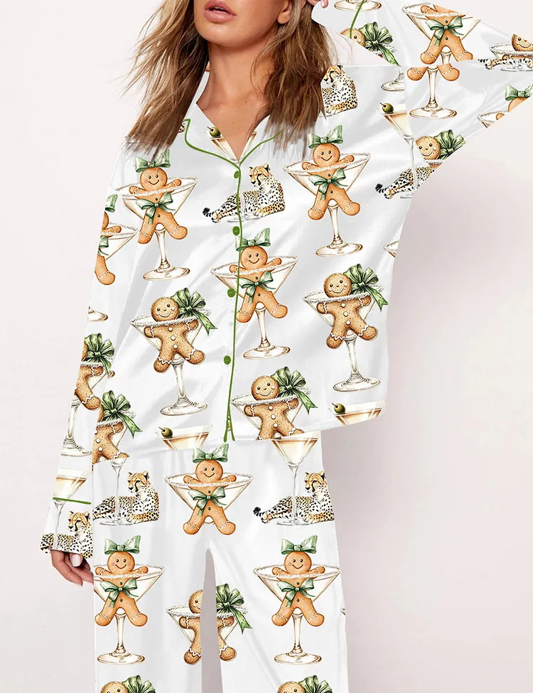 Women's Cookie Wine Leopard Christmas Art Pajama Set