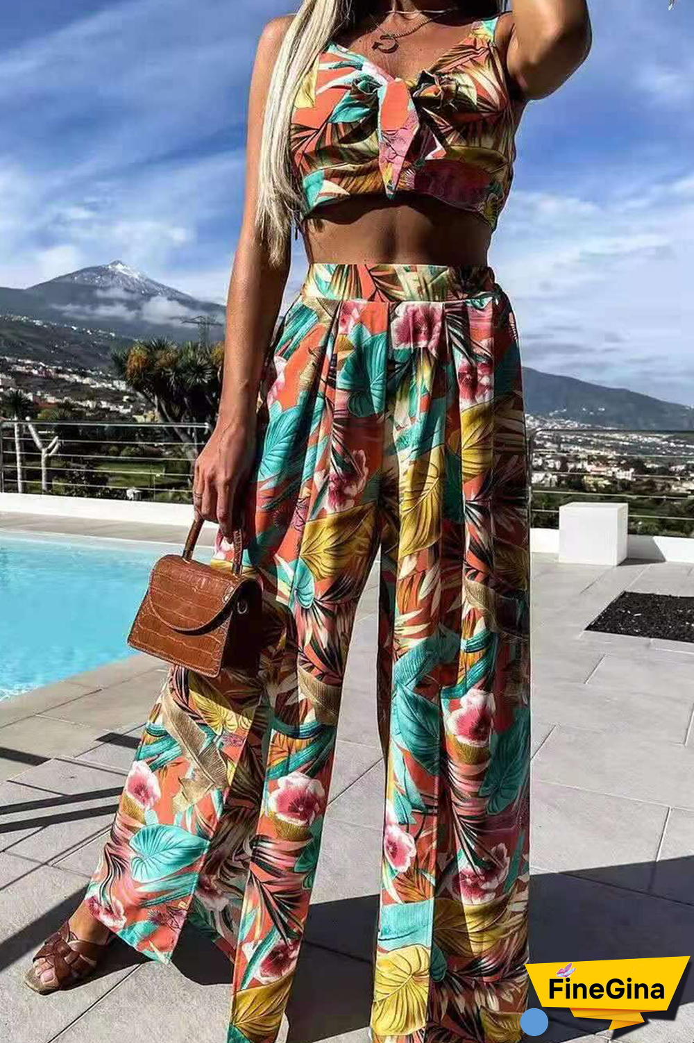 Casual Print Split Joint V Neck Sleeveless Two Pieces