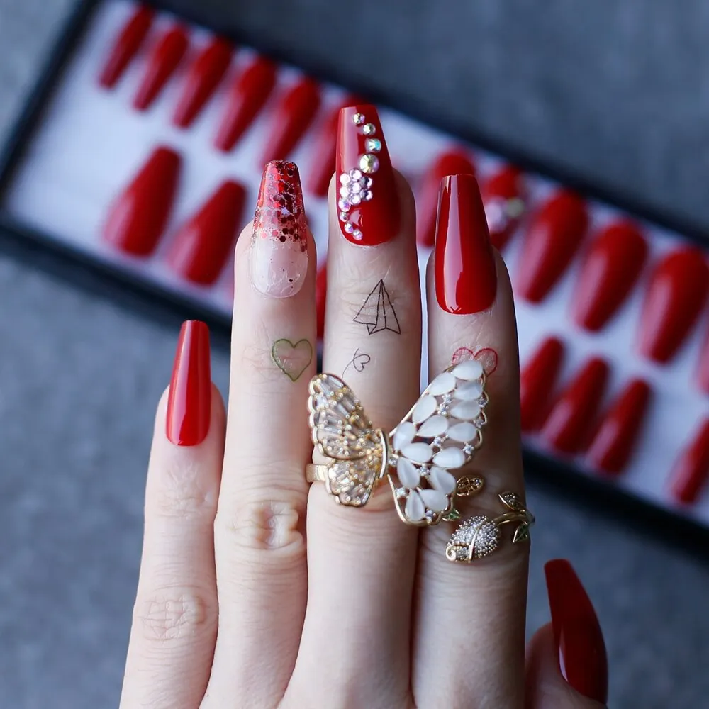 Manual phototherapy glitter Ombre Red Coffin Fasle nails Clear sparkle gel  Fake nails Gift box Reusable high quality-Nail Inspo