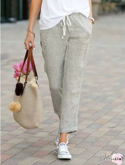 Pockets Cotton-Blend Solid Casual Pants