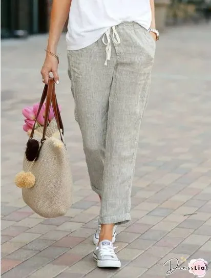 Pockets Cotton-Blend Solid Casual Pants