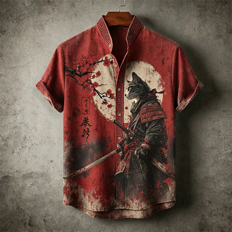 Men's Japanese Bloody Cat Samurai Plum Blossom Linen Shirt