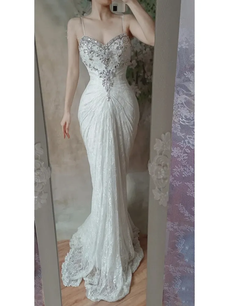 White Beaded Long Lace Tulle Mermaid Slim Ball Gown Evening Gown Party Dress