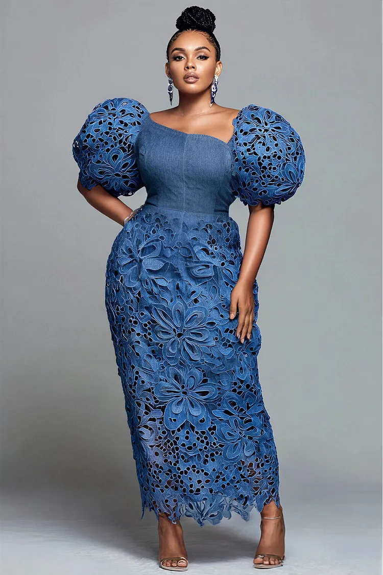 Xpluswear Design Plus Size Cocktail Party Tencel Denim Blue Asymmetrical Collar Puff Sleeve Short Sleeve Cut Out Contrast Guipure Lace Maxi Dresses 2024 - Xpluswear