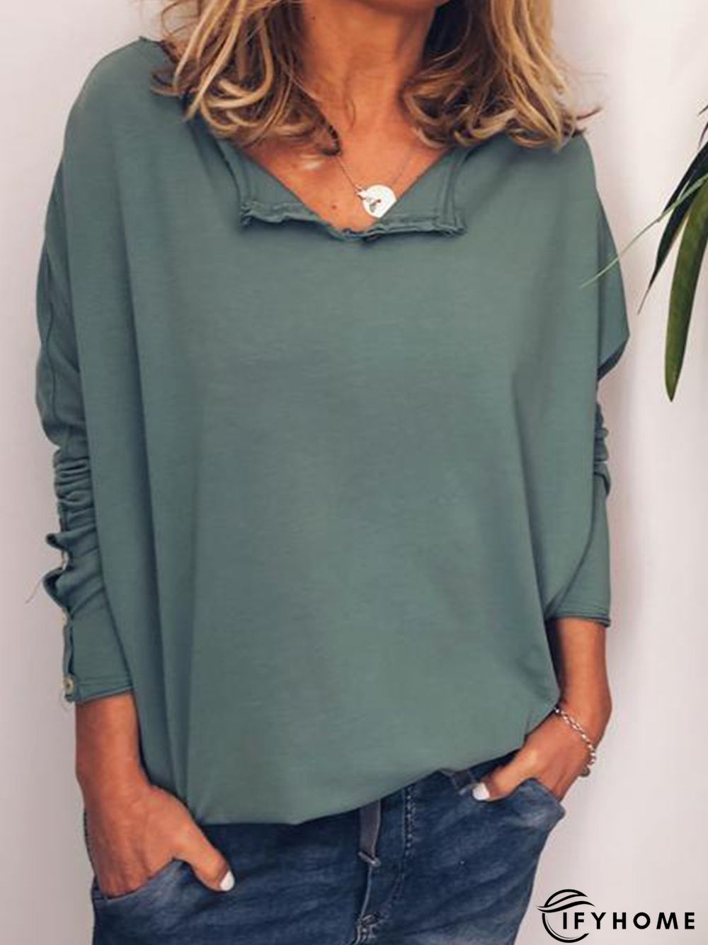 Casual Cotton V Neck Long Sleeve T-Shirt | IFYHOME