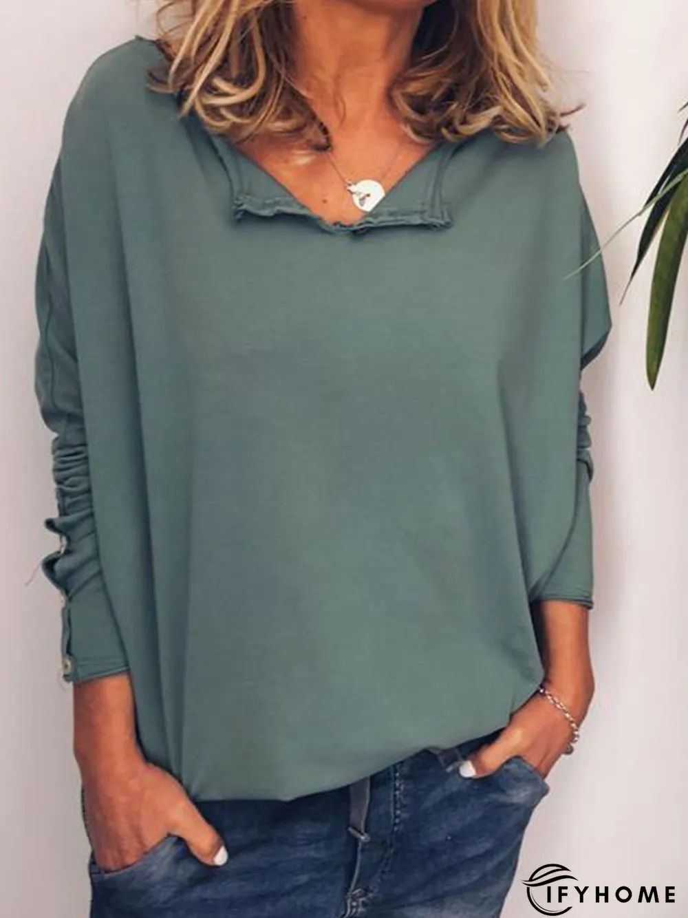 Casual Cotton V Neck Long Sleeve T-Shirt | IFYHOME