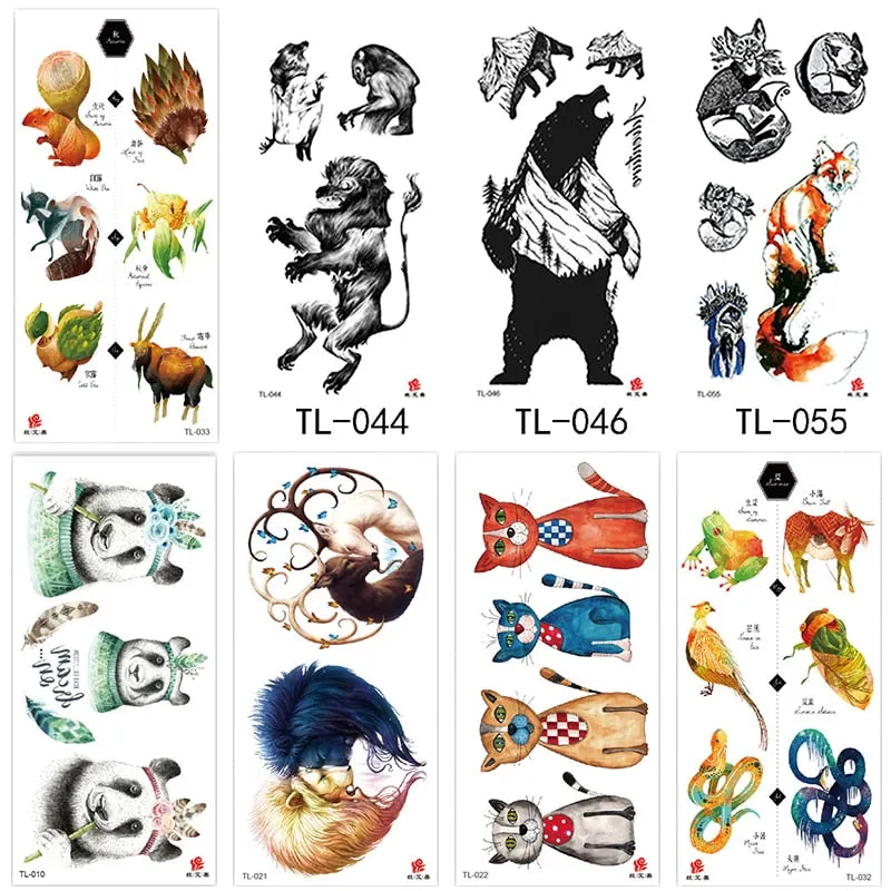 1~8 pieces of animal plants wolf bear bird art tattoo stickers disposable waterproof temporary tattoo stickers for men and women