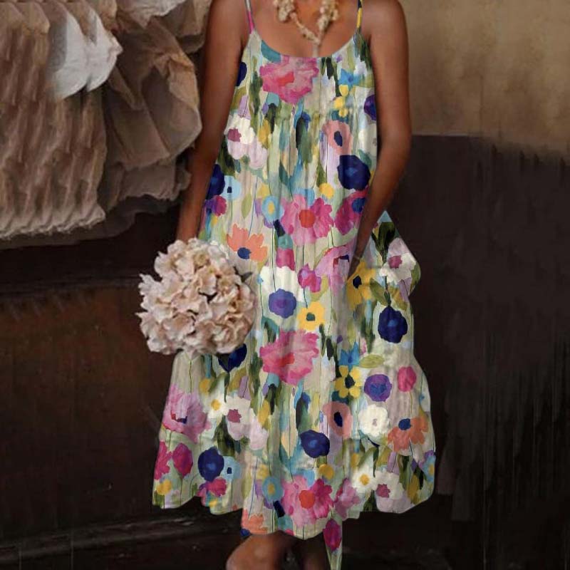 Vintage Colorful Floral Art Printed Casual Midi Dress
