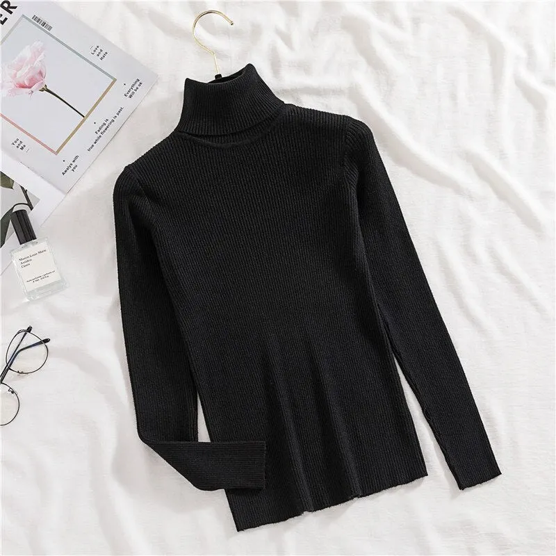 H.SA 2021 Women Turtleneck Sweater Basic Casual Solid Knit Jumper Korean Sweater Slim Pull Femme Top Elasticity Winter Pullovers