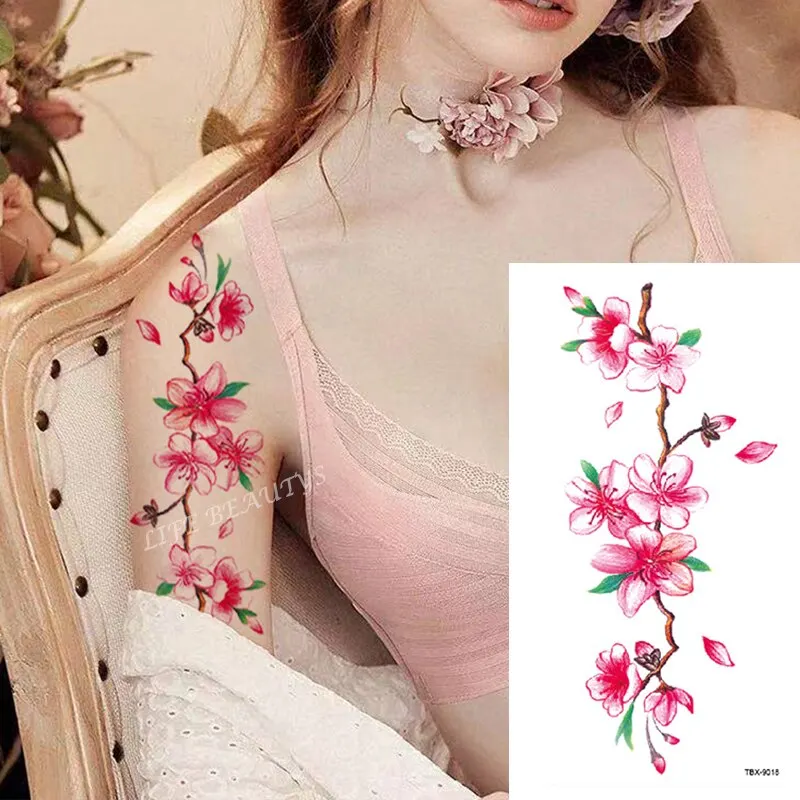 Sdrawing Temporary Flower Tattoos Women Fashion Beauty Rose Butterfly Flash 3D Fake Tattoo Arm Sleeve Pink Blue Sticker Girl