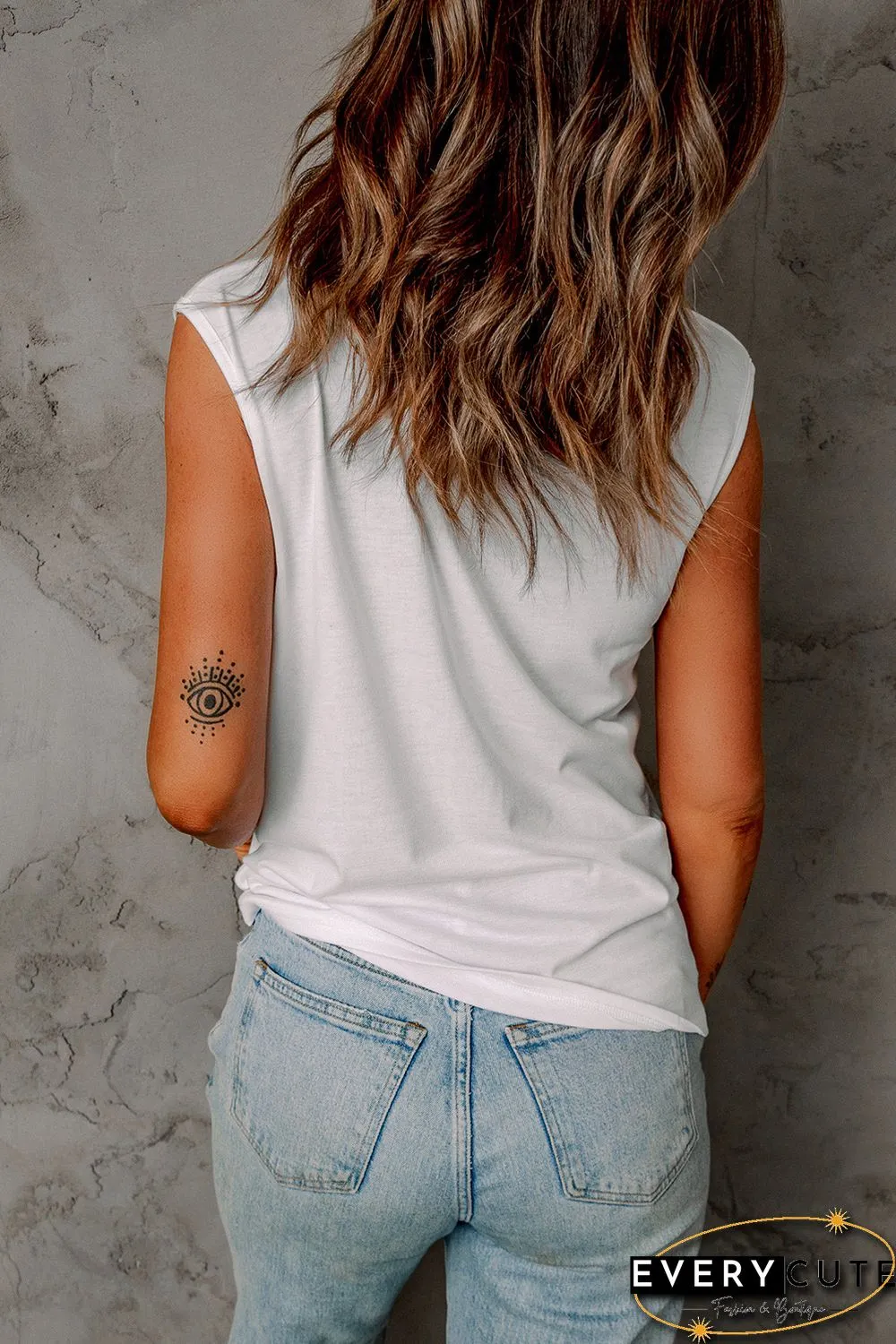White Tropical Palm Leaves Print Ripped Crew Neck Tank Top